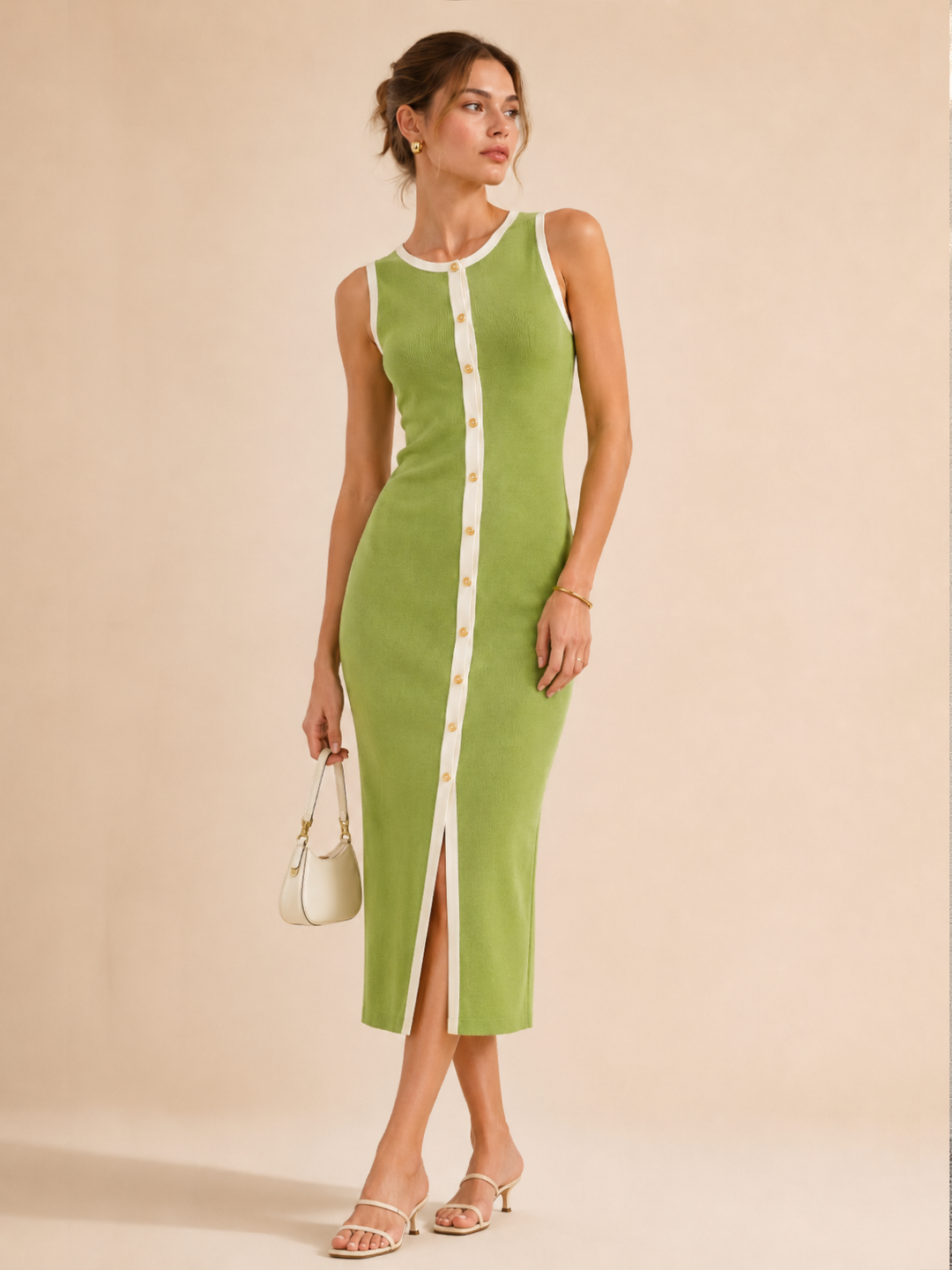 Contrast Trim Button Front Knit Maxi Dress — women's sweater dresses, front view