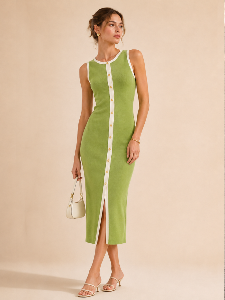 Model in an olive green sleeveless button front knit maxi dress with white contrast trim