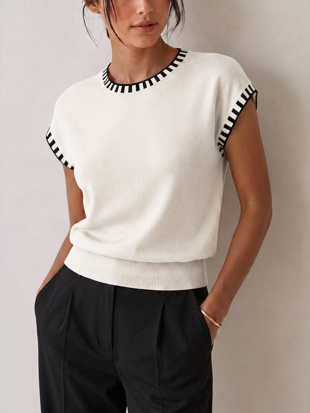 Contrast Trim Cap Sleeve Knit Top - women's knit top, styled with denim