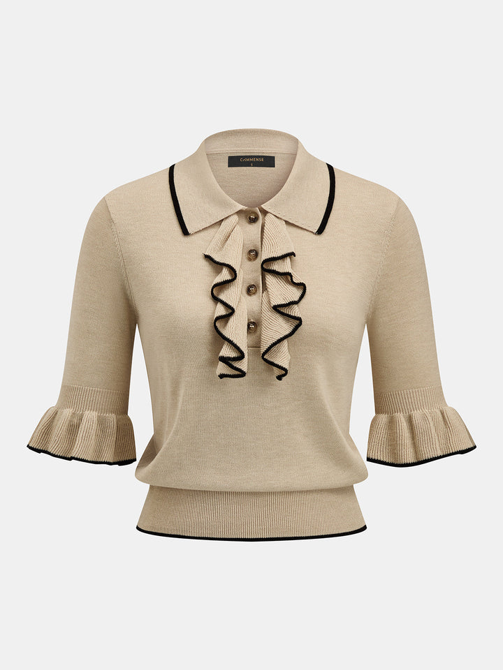 Contrast Trim Ruffle Knit Top - women's knit top, detail close-up
