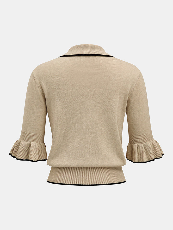 Contrast Trim Ruffle Knit Top - women's knit top, full-length styled look