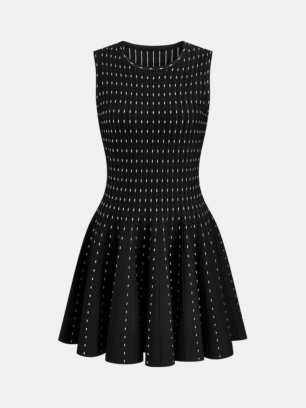 Sleeveless Polka Dot Flared Knit Mini Dress — women's sweater dresses, back view