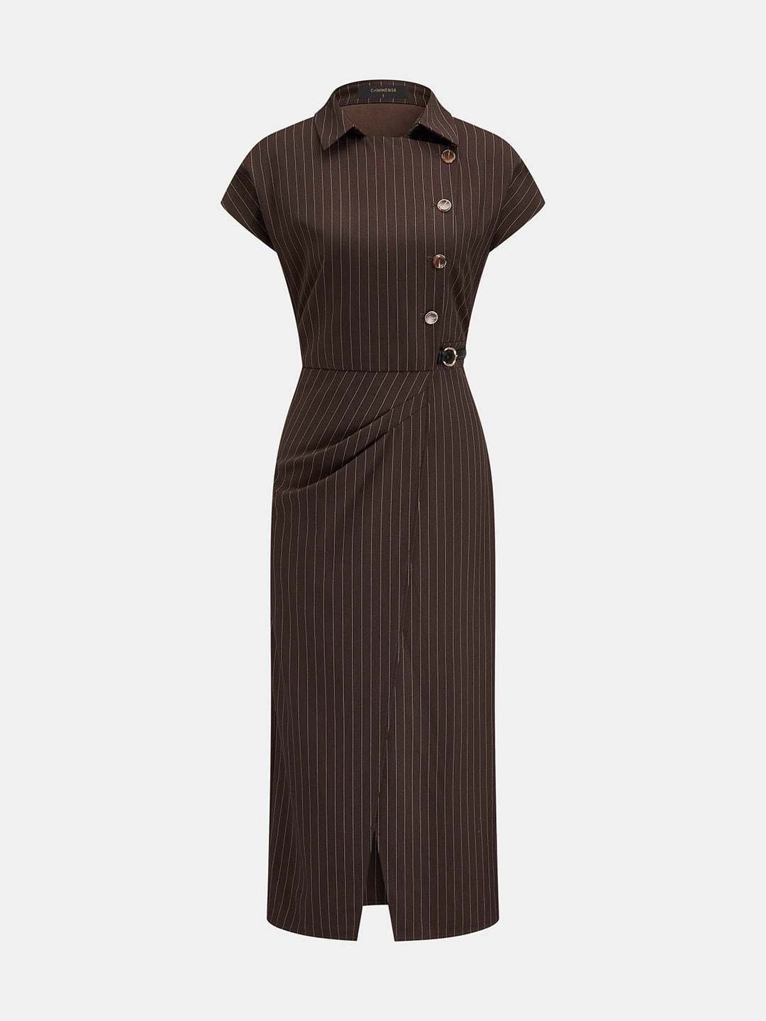 Collared Pinstripe Belted Slit Midi Dress