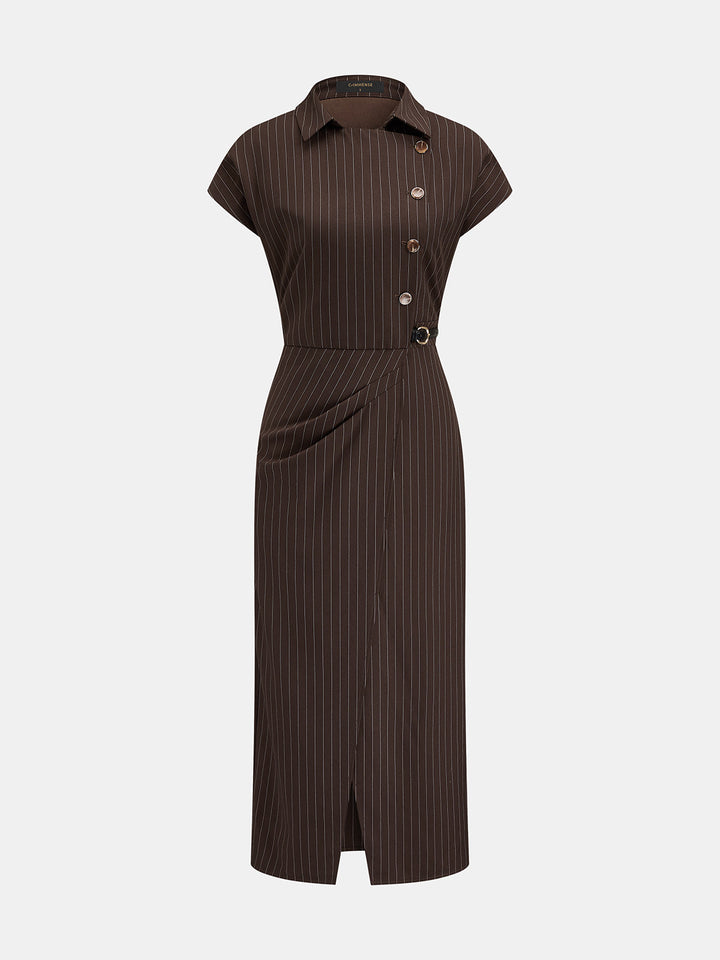 Collared Pinstripe Belted Slit Midi Dress