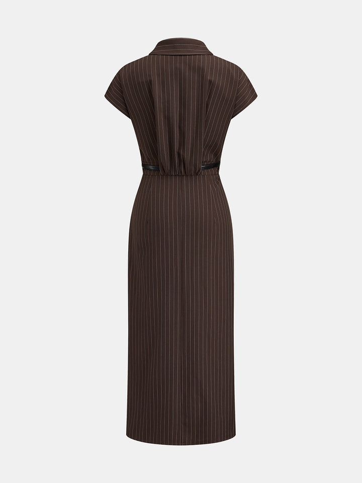 Collared Pinstripe Belted Slit Midi Dress