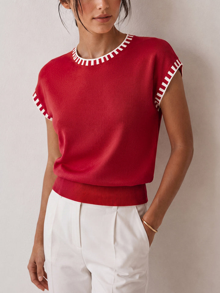 Contrast Trim Cap Sleeve Knit Top - women's knit top, model wearing it, three-quarter view
