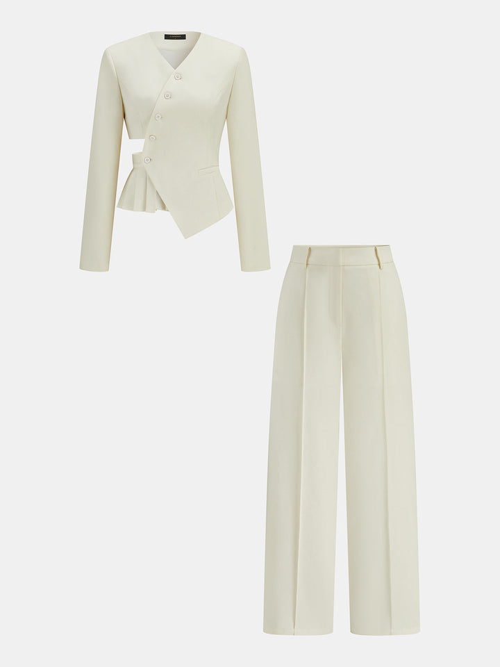 Asymmetric Cut‑Out Peplum Blazer & Pants Set - women's two-piece trouser set, back view