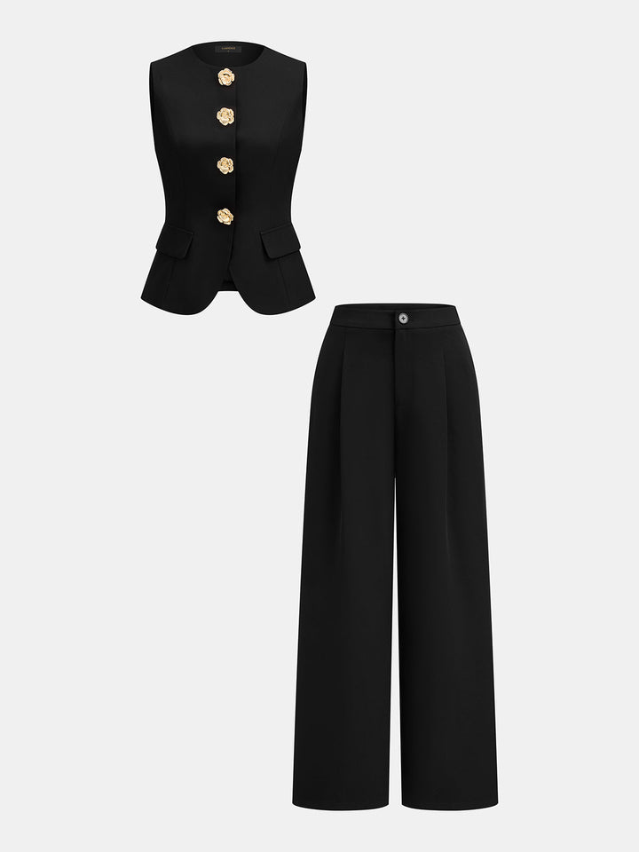 Flower Button Sleeveless Vest & Pants Set - women's two-piece trouser set, back view