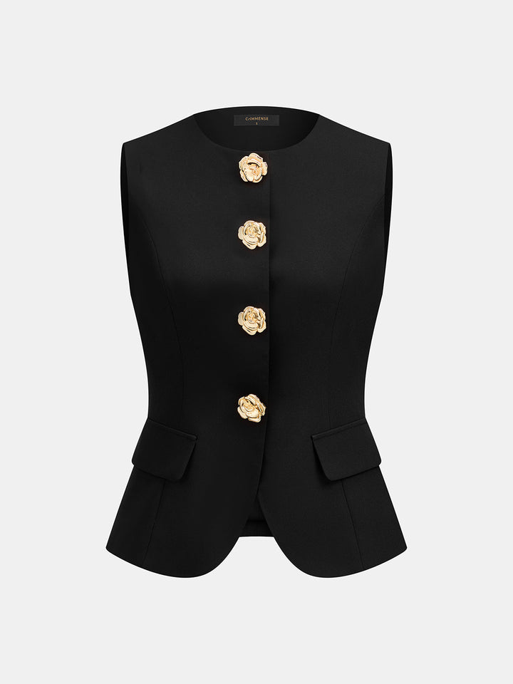 Flower Button Sleeveless Vest & Pants Set - women's two-piece trouser set, side view