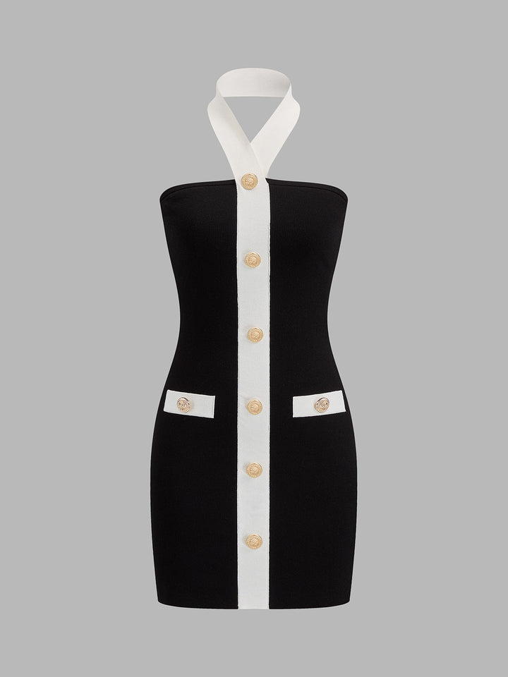 Halter Metal Button Bodycon Mini Dress