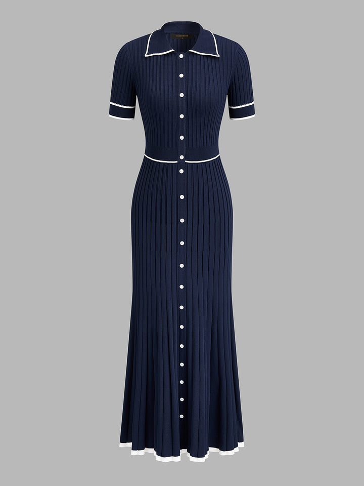 Contrast Piping Collared Rib Knit Midi Dress