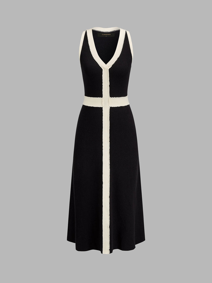 Contrast Trim Sleeveless V‑Neck Knit Midi Dress
