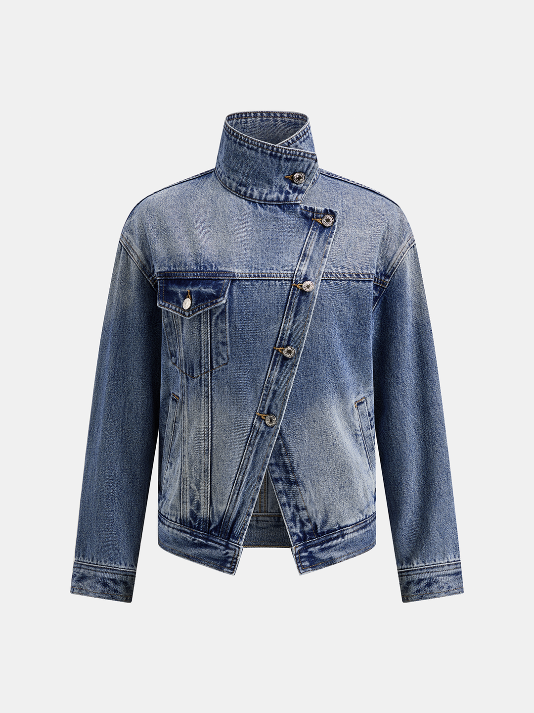 Front product view of washed blue denim jacket with asymmetric placket and chest pocket