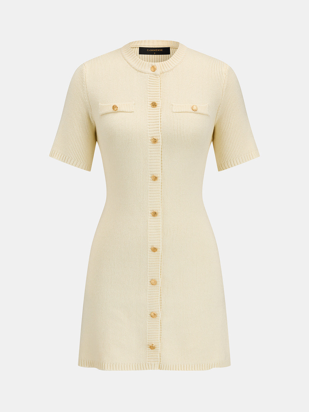 Metal Button Short Sleeve Knit Mini Dress — women's sweater dresses, back view