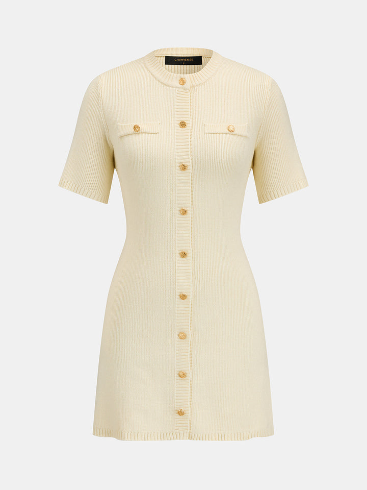 Metal Button Short Sleeve Knit Mini Dress