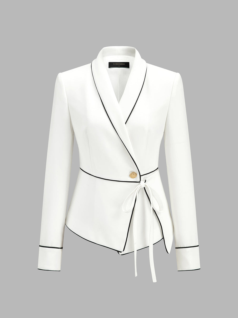 Contrast Piping Wrap Tie Waist Blazer — women's blazers, back view