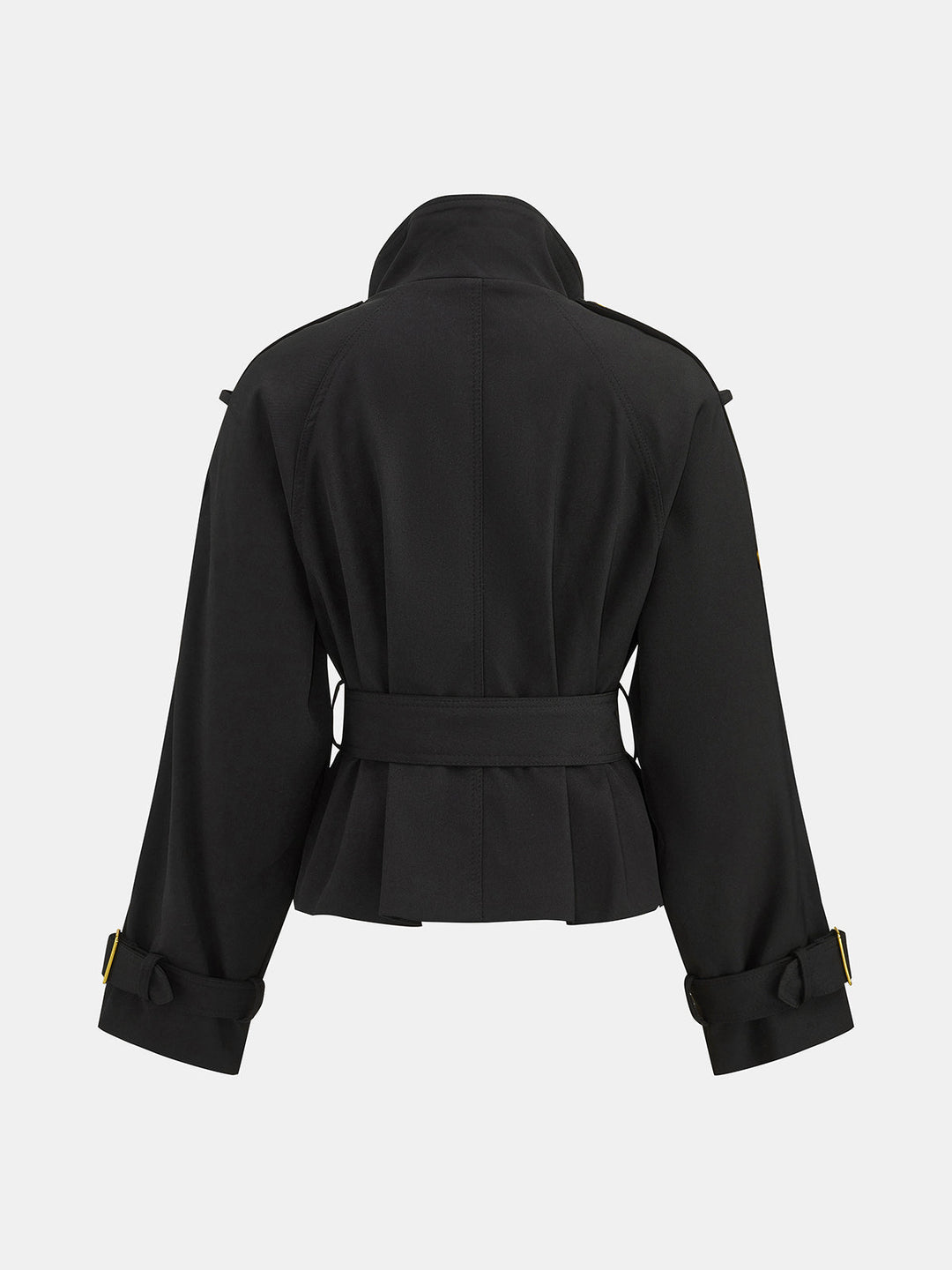 Back view of the black belted military jacket with tab cuffs and flared hem