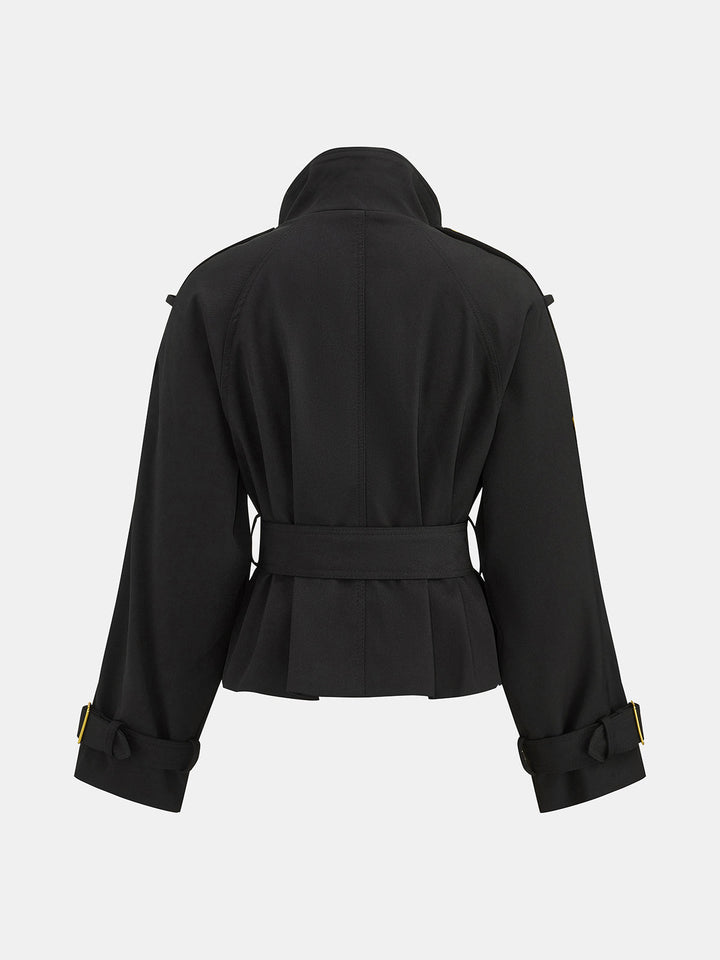 Back view of the black belted military jacket with tab cuffs and flared hem