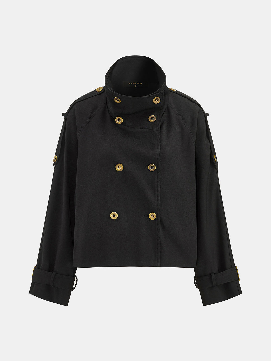 Product shot of black military jacket with the collar folded down and belt removed