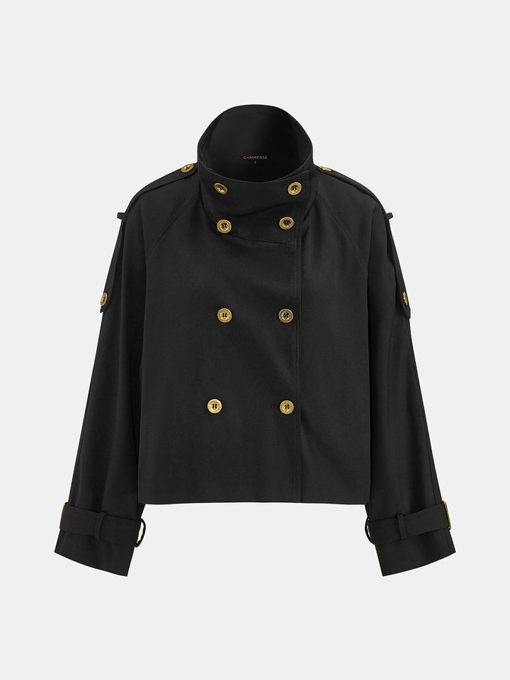 Product shot of black military jacket with the collar folded down and belt removed