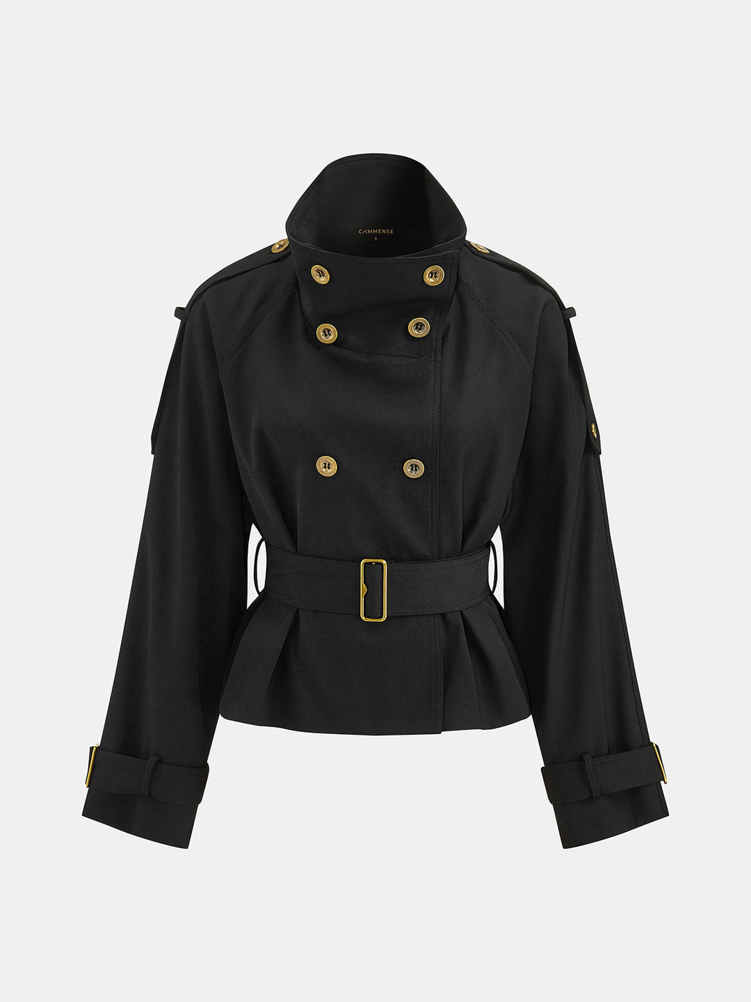 Front product view of black double-breasted jacket with gold buttons and buckle belt