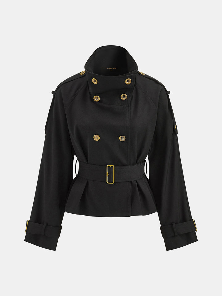 Front product view of black double-breasted jacket with gold buttons and buckle belt