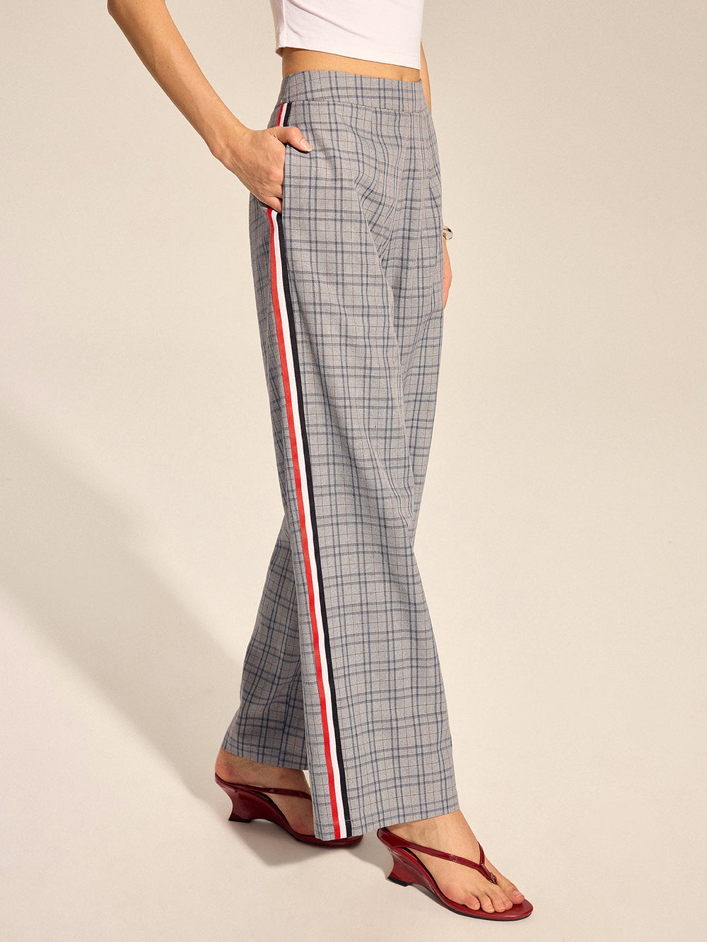 Plaid Side Stripe Straight Leg Pants — women's pants, back view