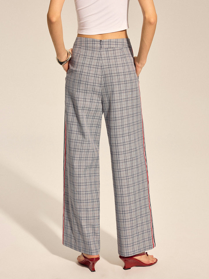 Plaid Side Stripe Straight Leg Pants