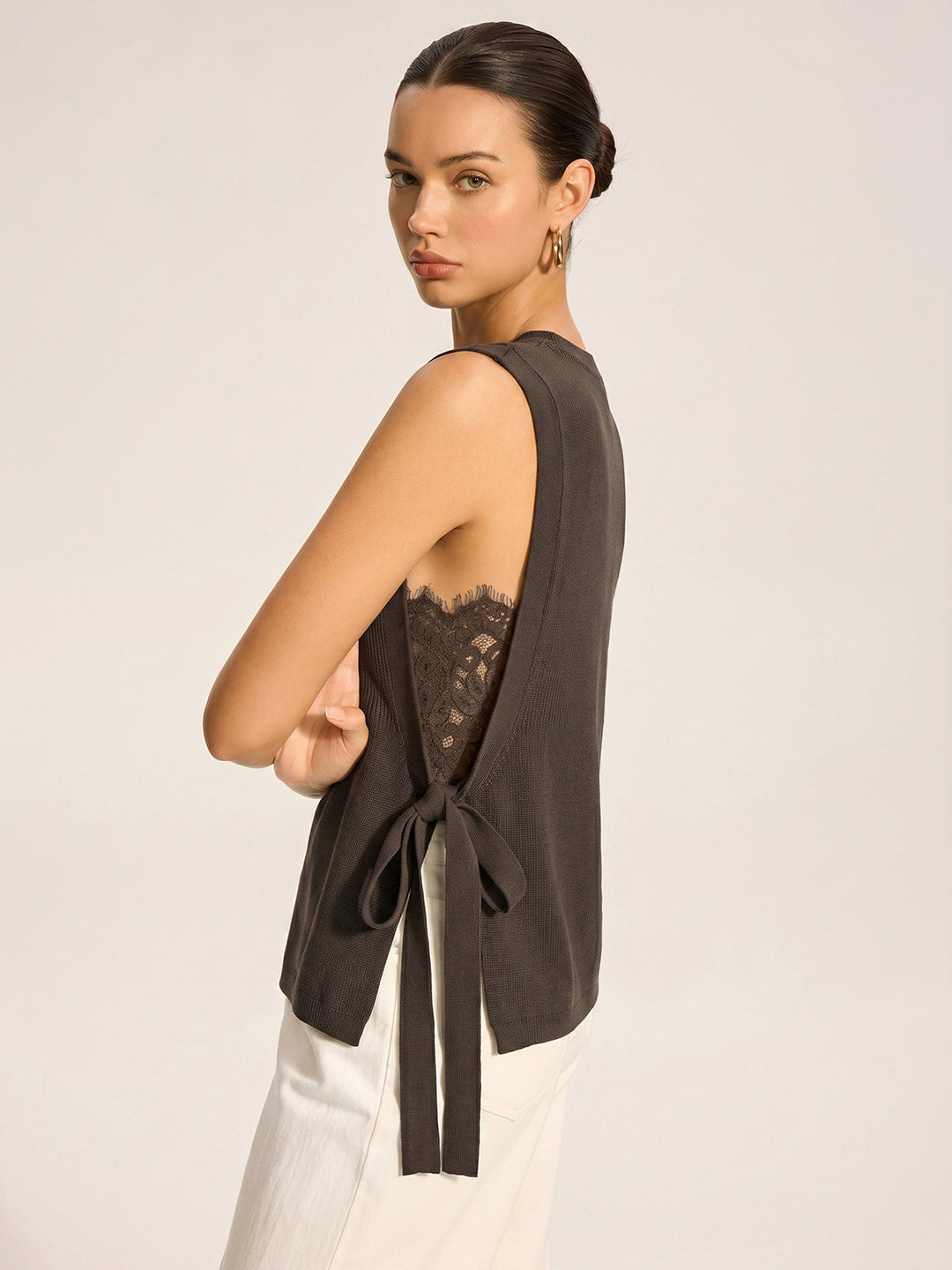 Side Tie Lace Panel Knit Sleeveless Vest — women's sweater vests, front view