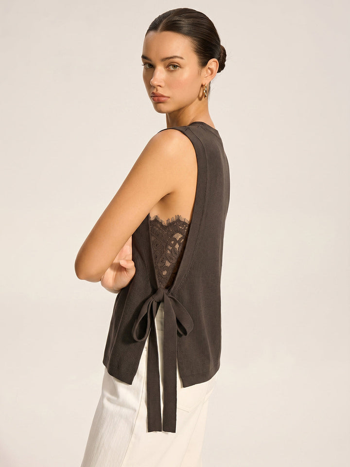Side Tie Lace Panel Knit Sleeveless Vest - women's sweater vest, front view