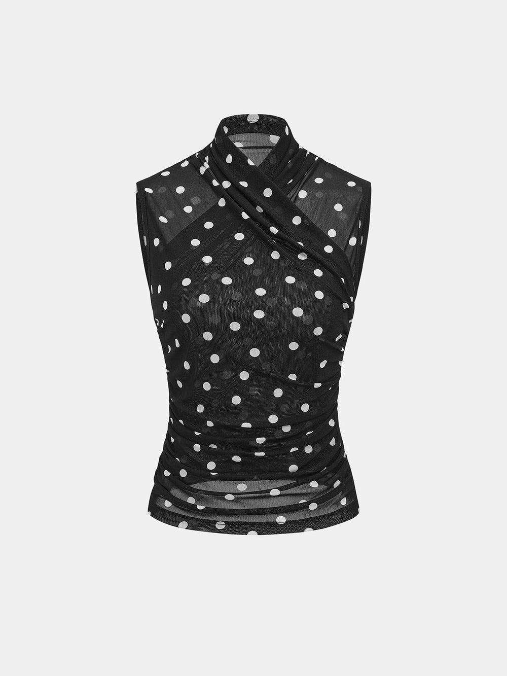 Polka Dot Ruched Sleeveless Mesh Top — women's blouses, back view