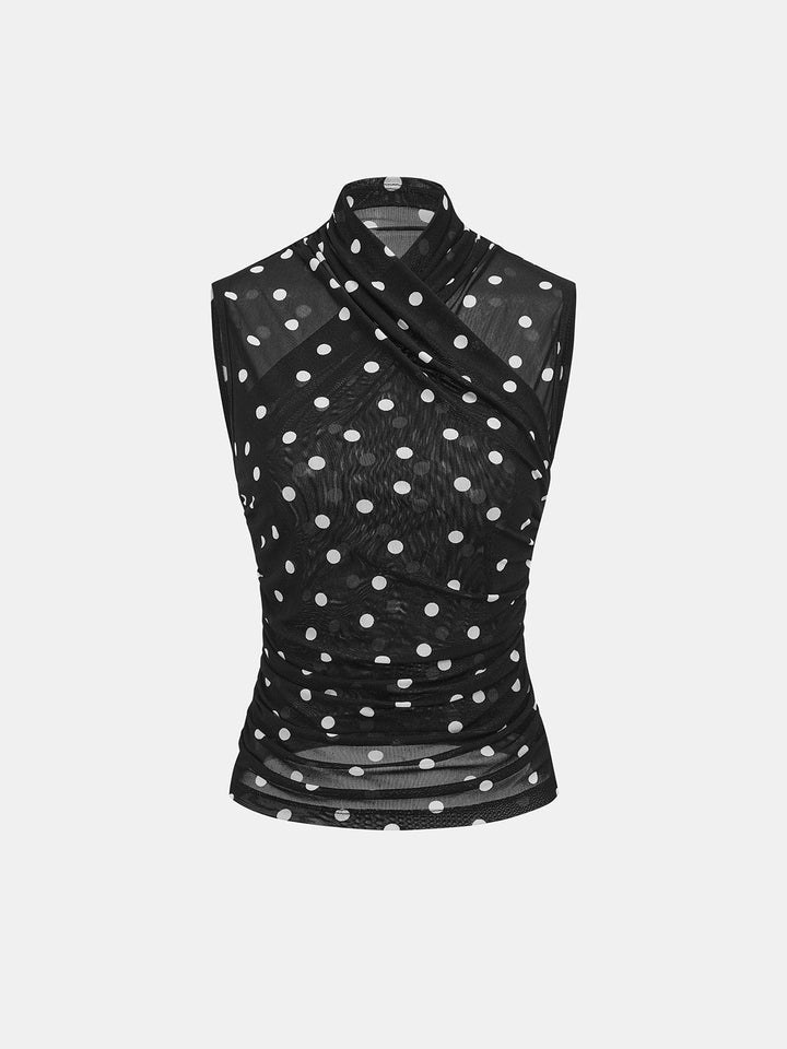Polka Dot Ruched Sleeveless Mesh Top