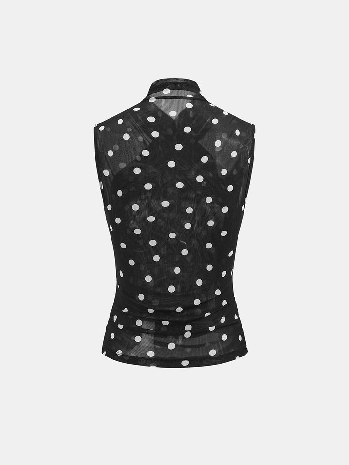 Polka Dot Ruched Sleeveless Mesh Top