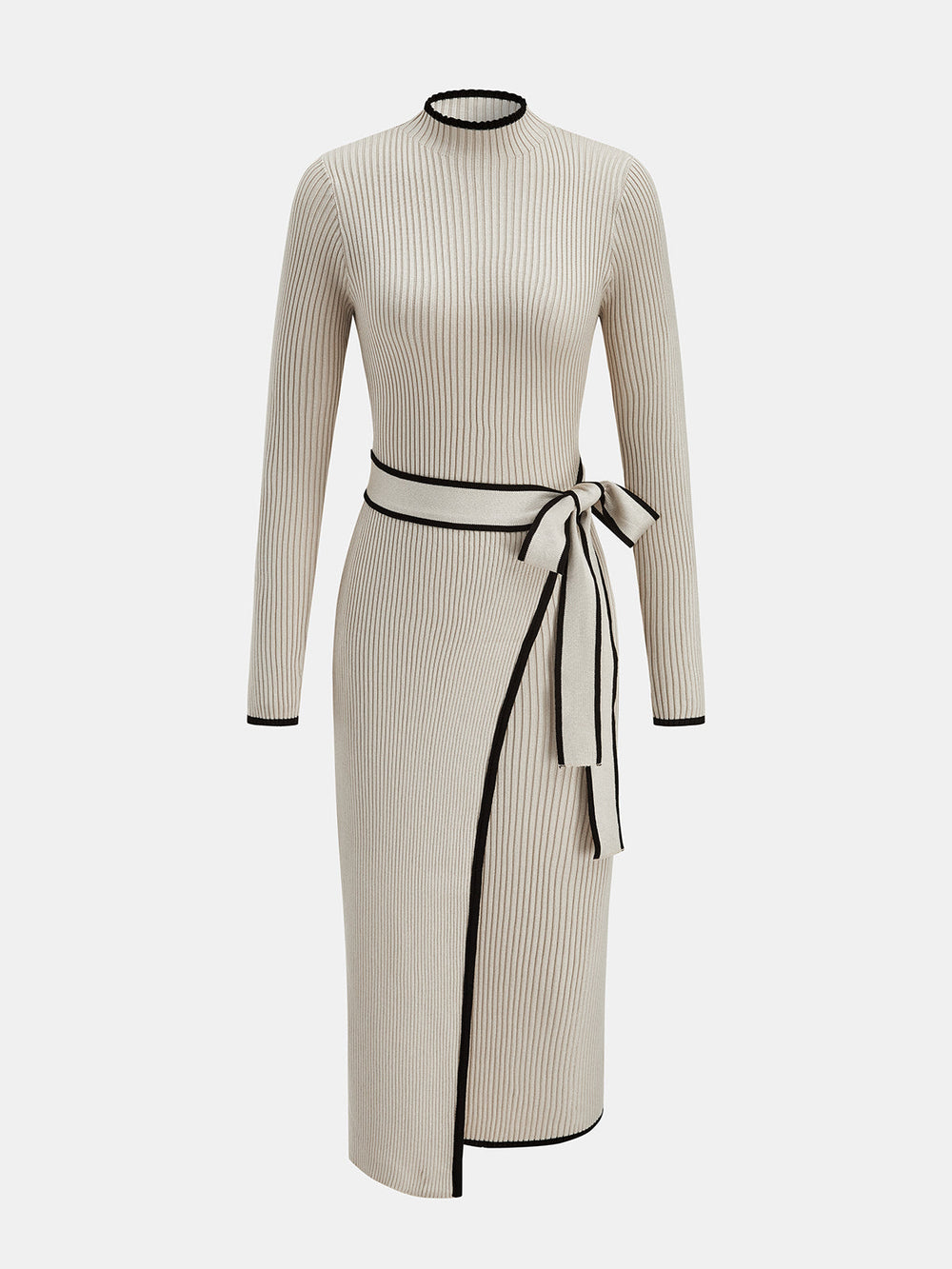 Contrast Trim Tie Waist Knit Midi Dress — women's sweater dresses, back view