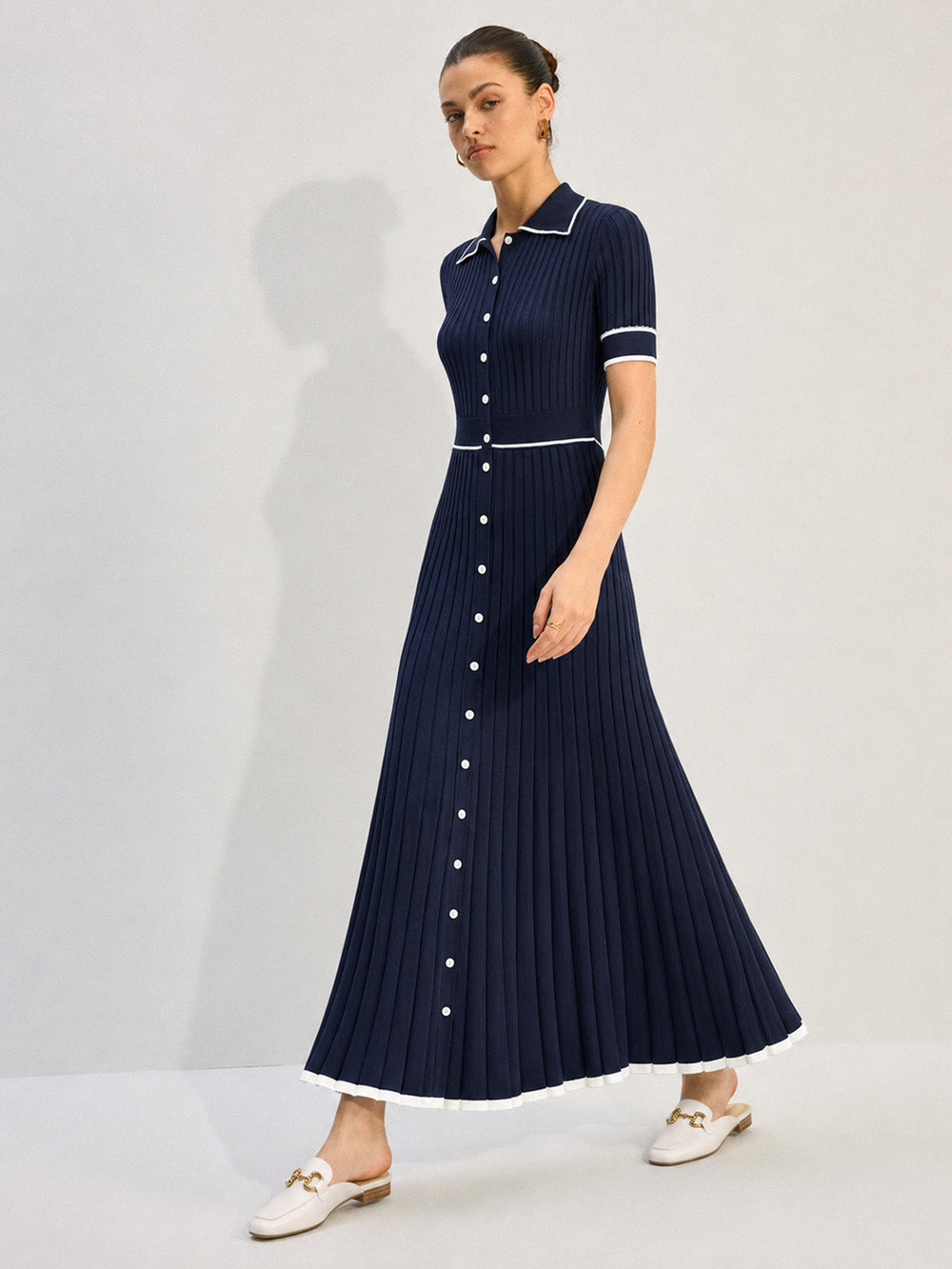 Contrast Piping Collared Rib Knit Midi Dress — women's sweater dresses, back view