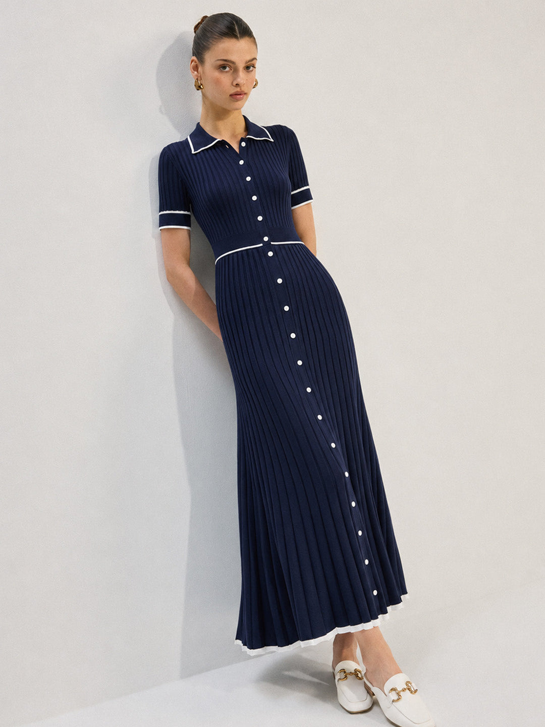 Contrast Piping Collared Rib Knit Midi Dress — women's sweater dresses, front view