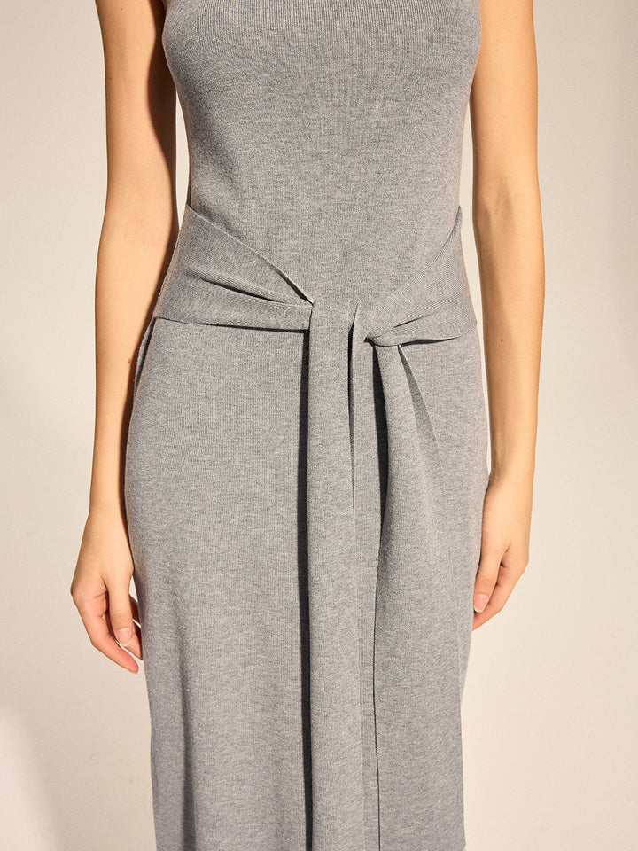 Mock Neck Tie Waist Knit Midi Dress
