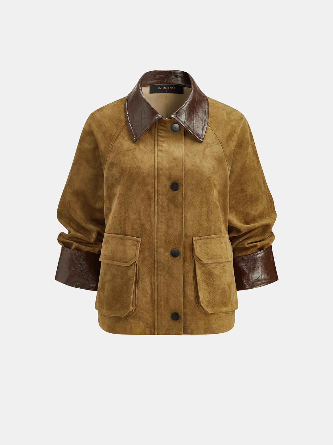 Faux Leather Collar Suede Effect Utility Jacket - women's faux leather jacket, styled with heels