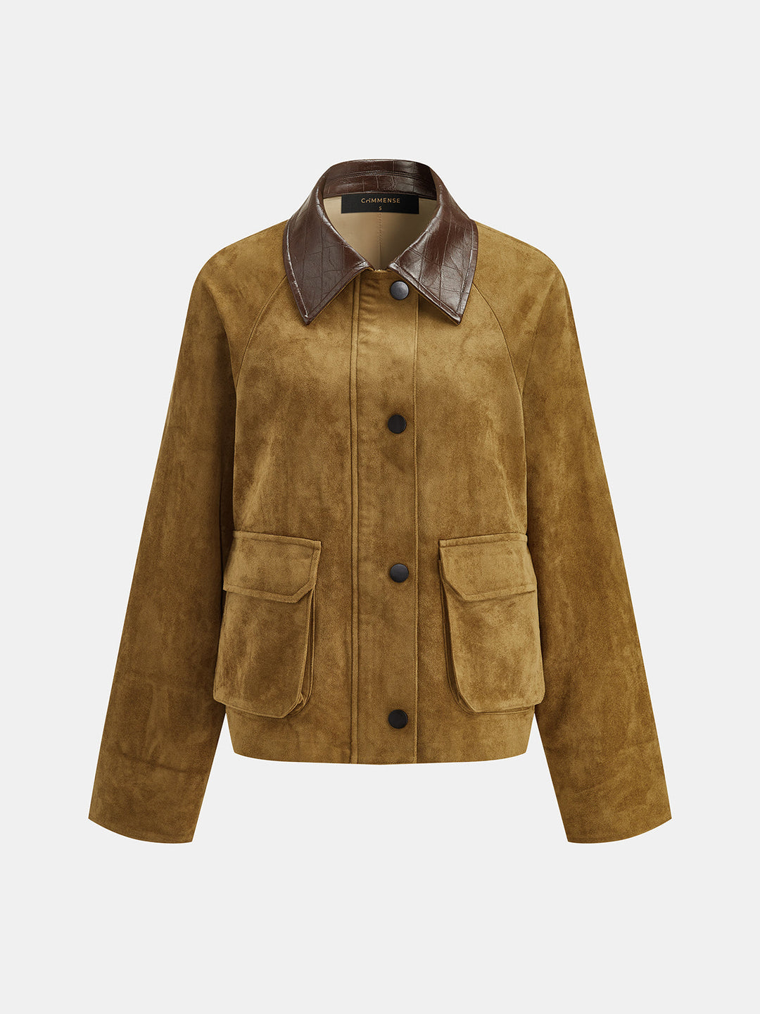 Faux Leather Collar Suede Effect Utility Jacket - women's faux leather jacket, neckline detail