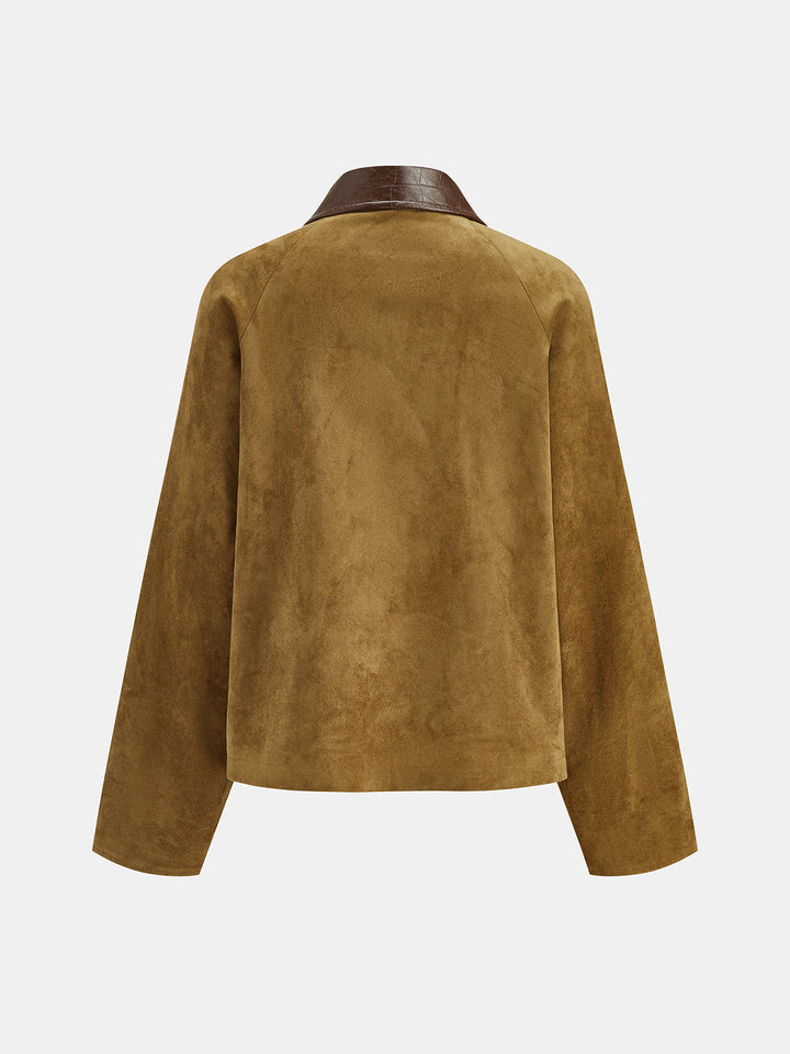 Faux Leather Collar Suede Effect Utility Jacket - women's faux leather jacket, sleeve detail