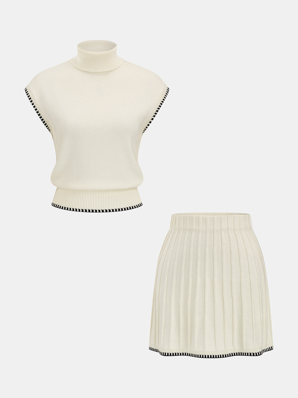 Contrast Trim Turtleneck Knit Top & Skirt Set knit top and matching skirt shown together