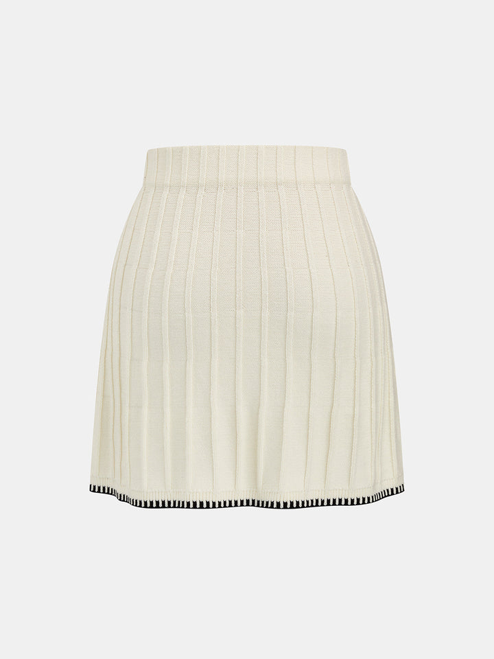 Contrast Trim Turtleneck Knit Top & Skirt Set - women's two-piece skirt set, fabric detail