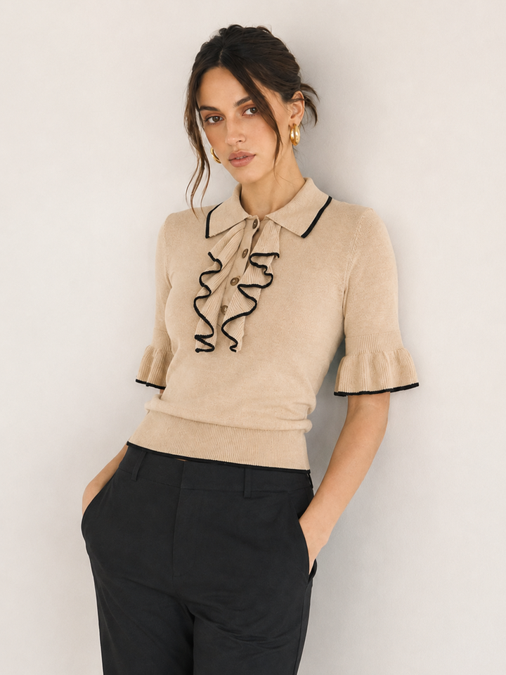 Contrast Trim Ruffle Knit Top - women's knit top, side view