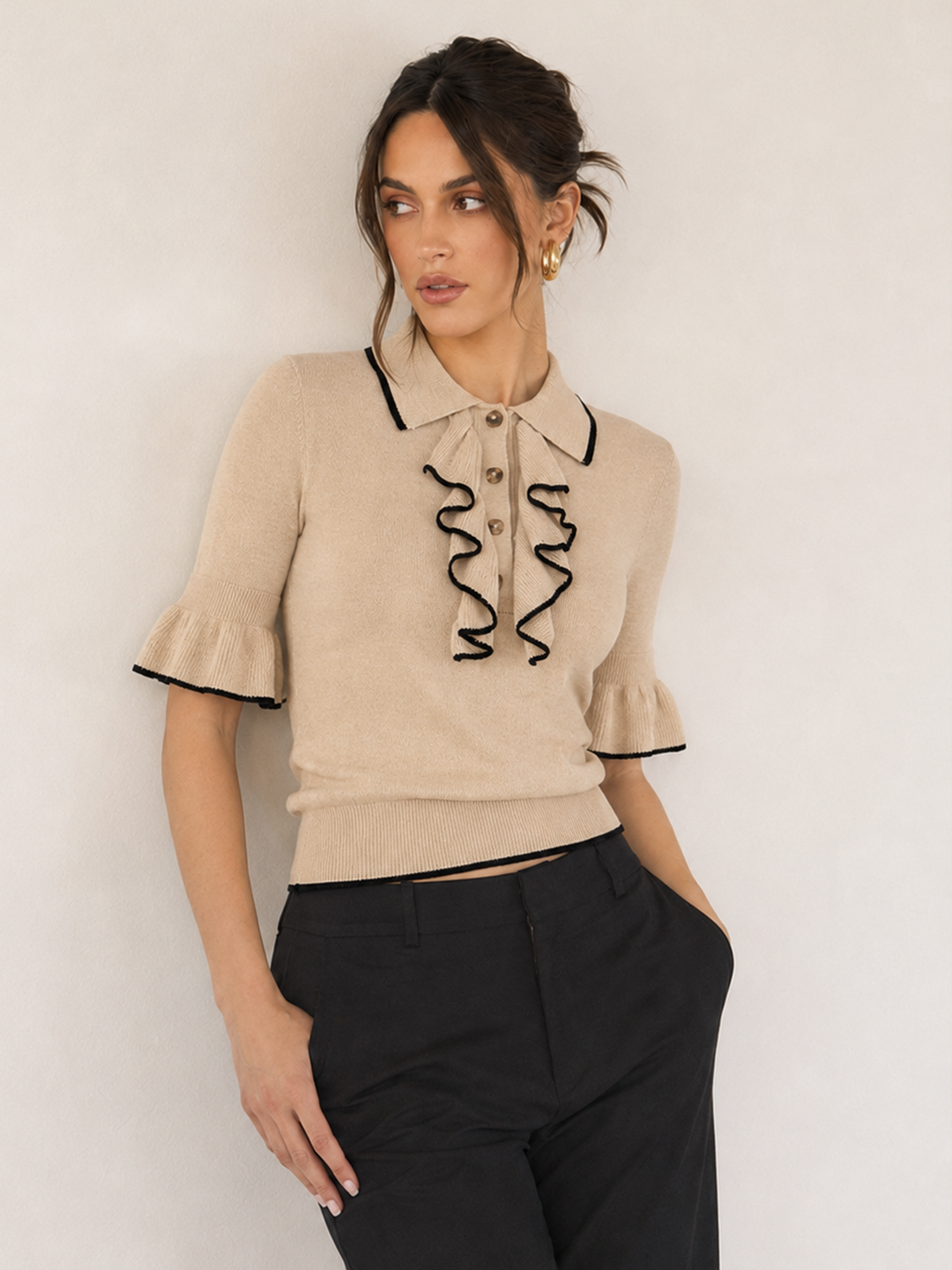 Contrast Trim Ruffle Knit Top — women's sweaters, front view