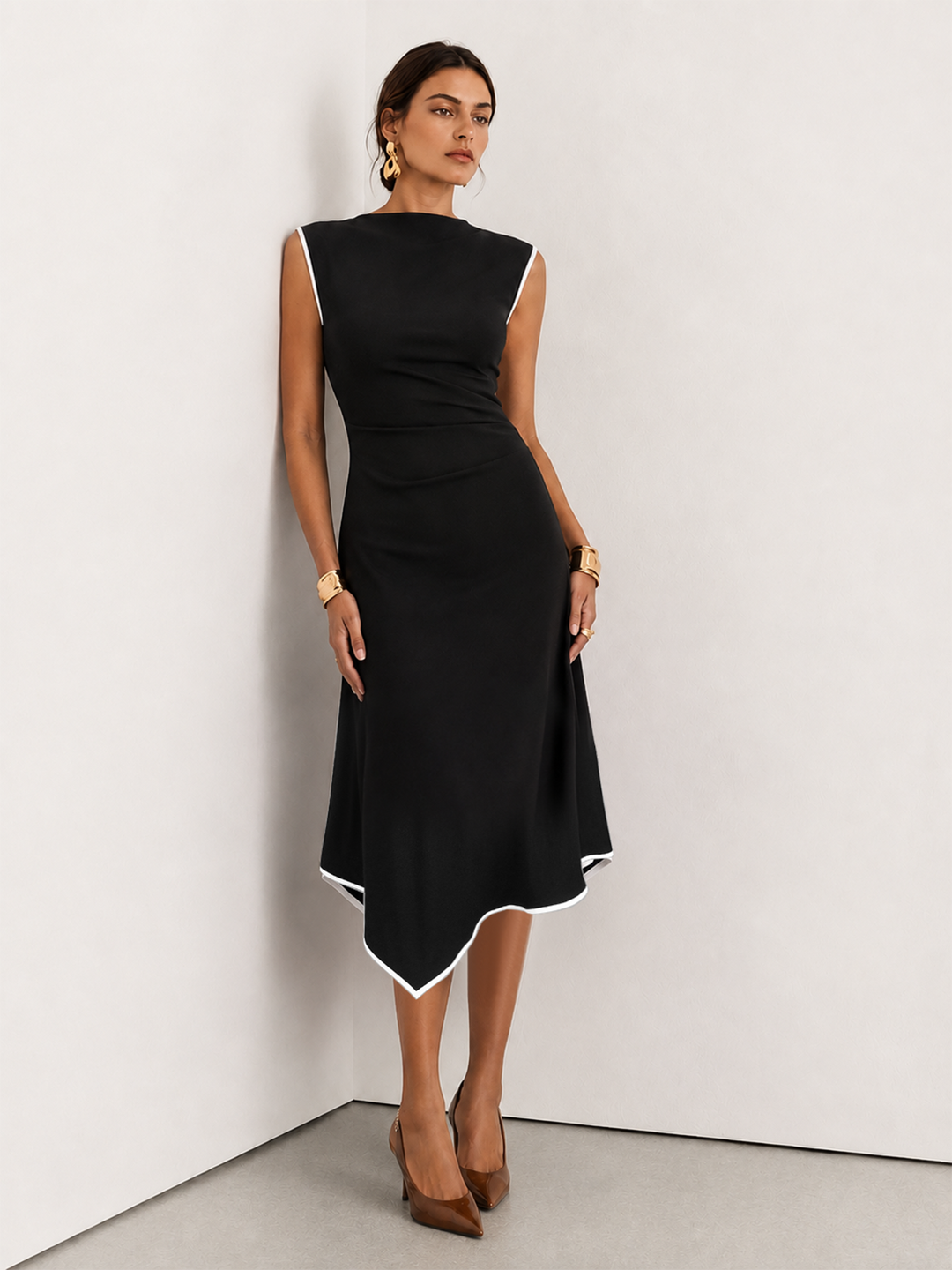 Sleeveless Contrast Edge Irregular Hem Dress — women's dresses, front view