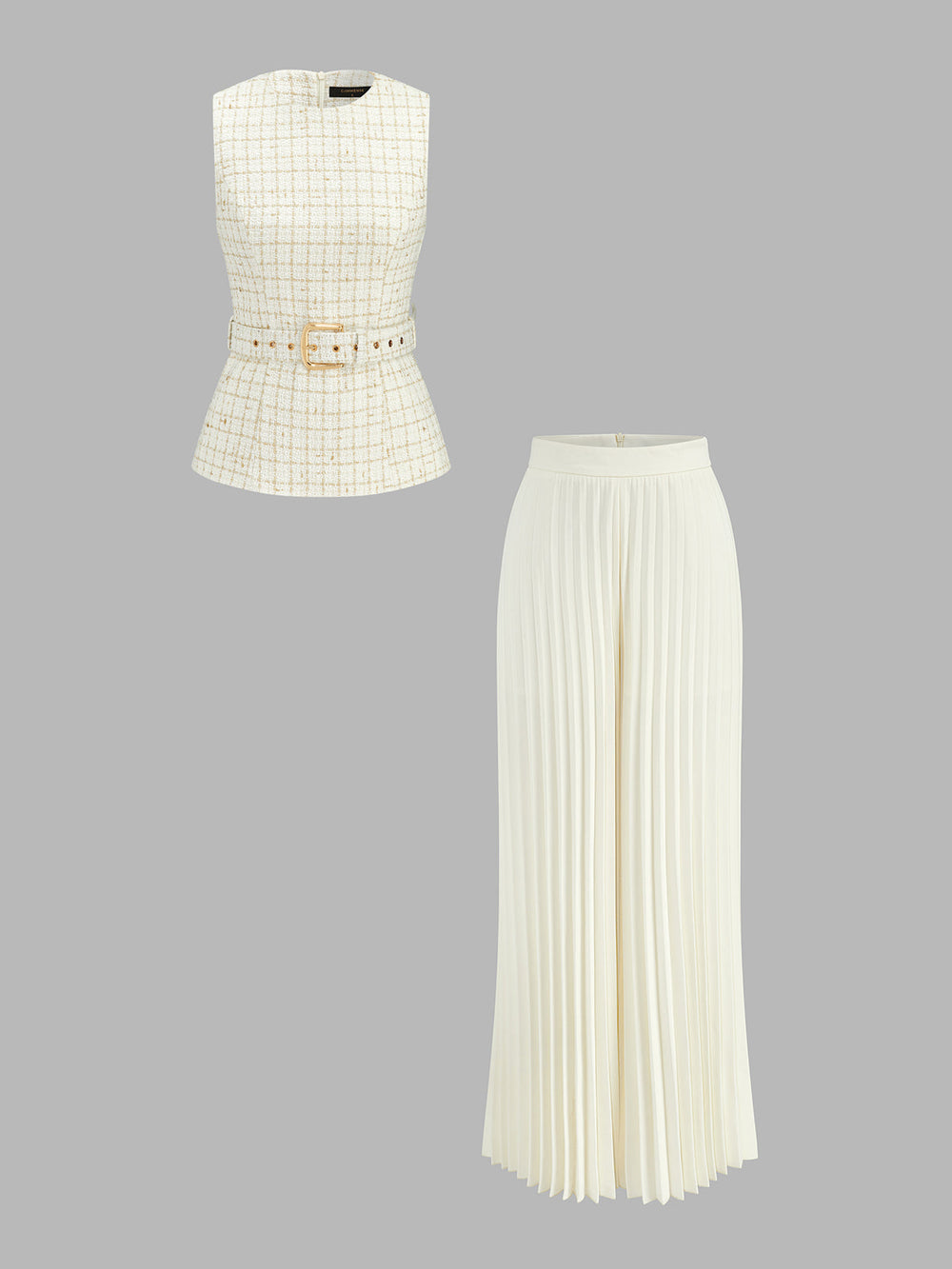 Belted Tweed Vest & Pleated Pants Set tweed vest and wide-leg pants shown together