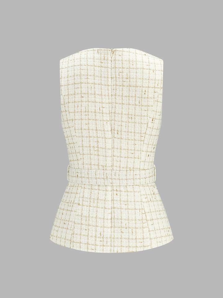 Belted Tweed Vest & Pleated Pants Set - women's two-piece trouser set, detail close-up