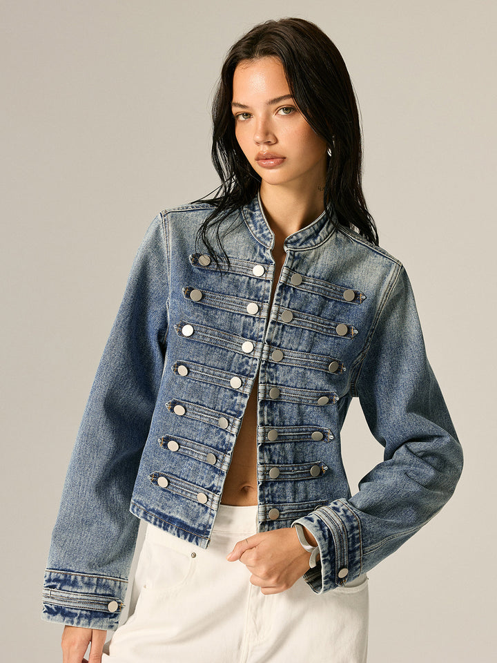 Napoleon Style Stand Collar Denim Jacket