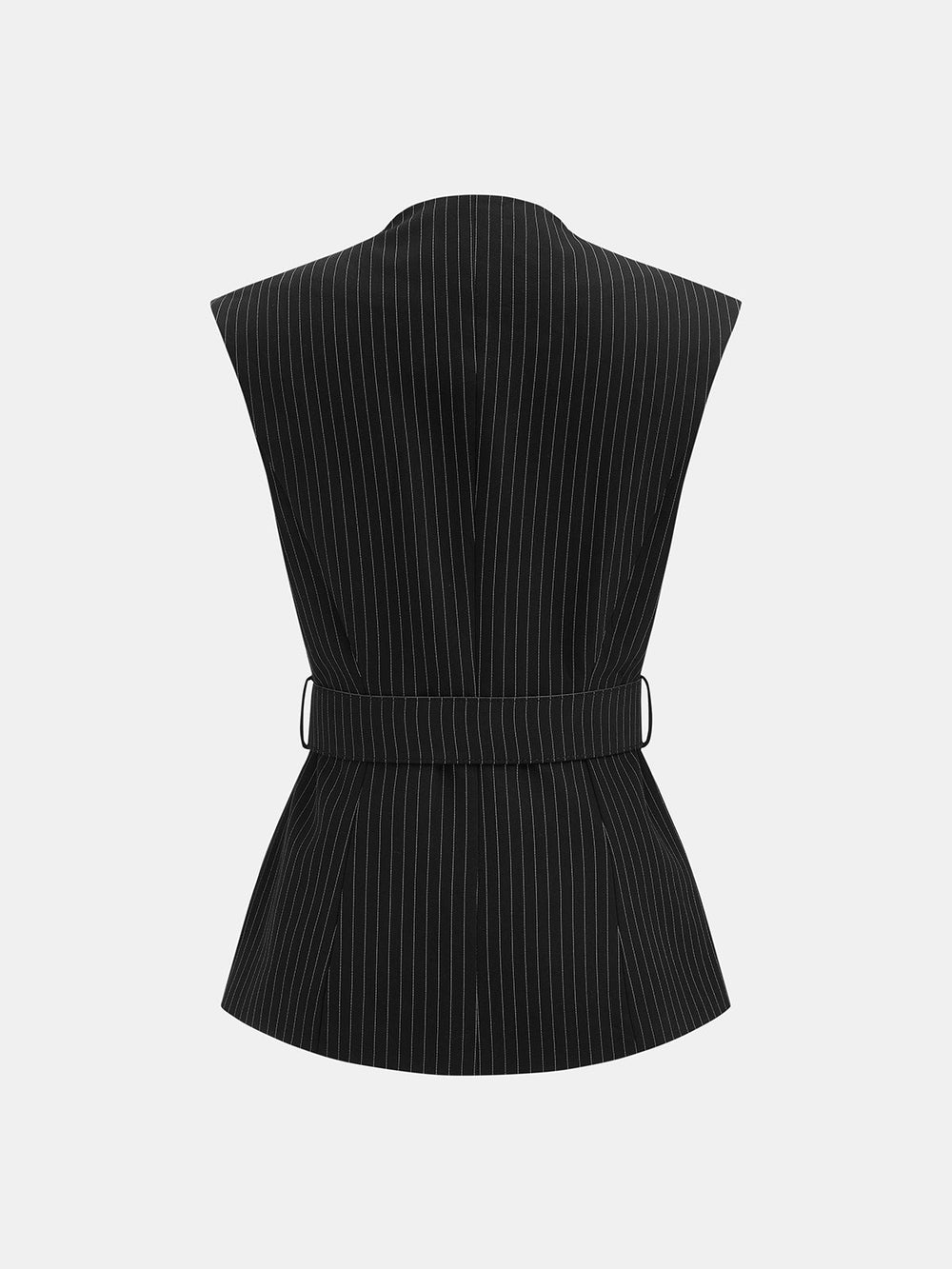 Stand Collar Pinstripe Belted Vest — women's vests, back view