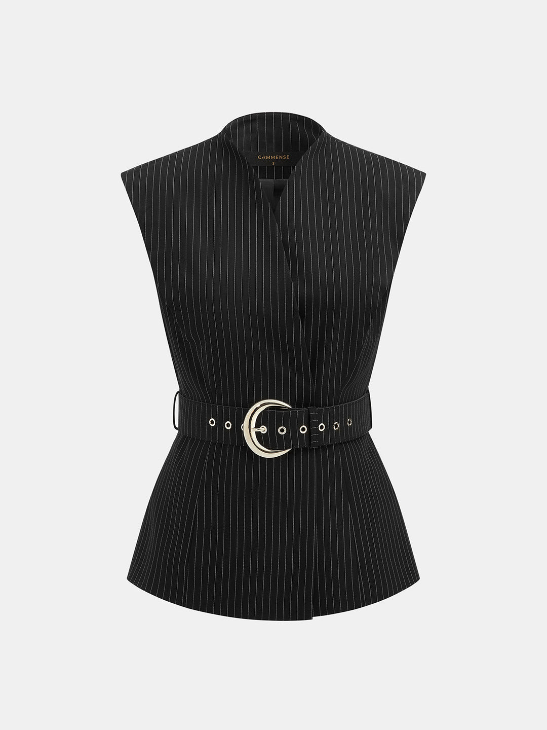 Stand Collar Pinstripe Belted Vest — women's vests, front view